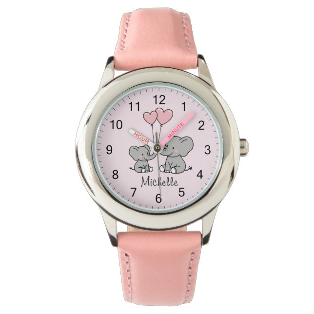 Personalised name Cute Elephant Mum & Baby Pink    Watch (Front)