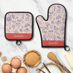 Personalised Name Cute Hand Drawn Food Oven Mitt & Pot Holder Set