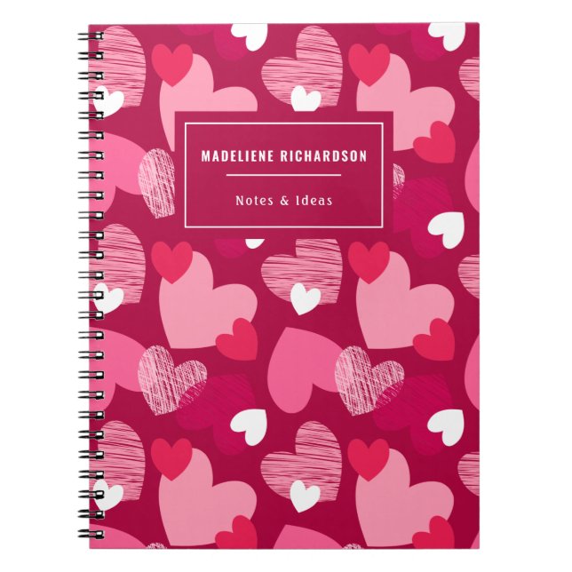 Personalised Name Cute Hearts Pattern Dark Magenta Notebook (Front)