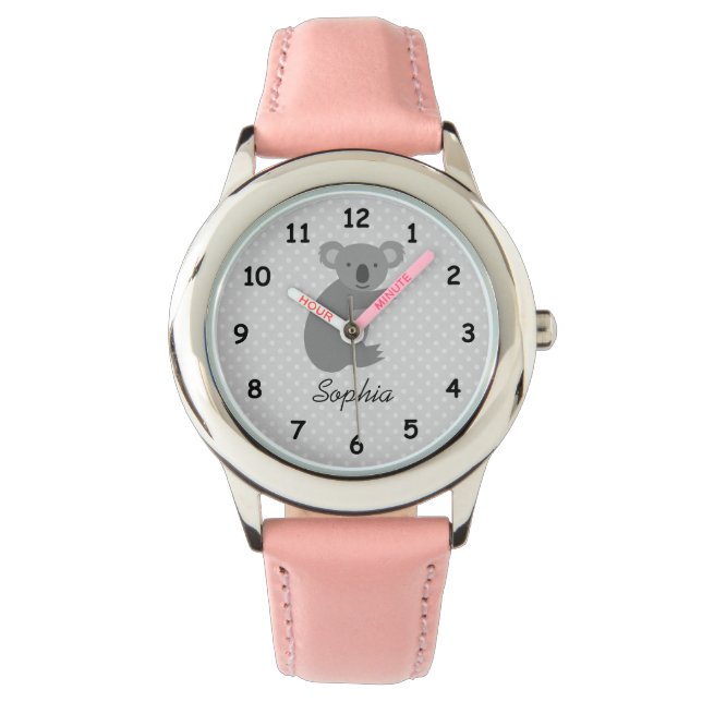 Personalised name cute koala bear pink girls watch (Front)
