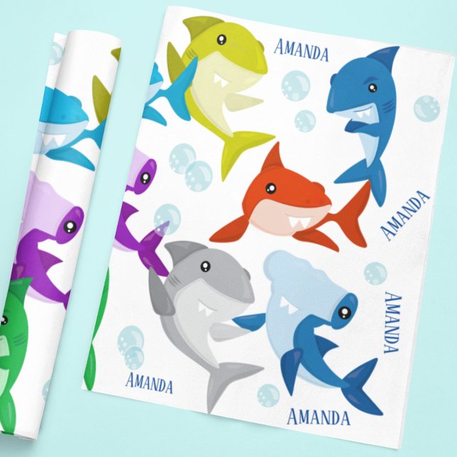 Personalised Name Cute Little Sharks Wrapping Paper (Creator Uploaded)