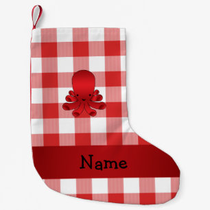 Personalised name cute octopus red checkers small christmas stocking