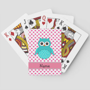 Personalised name cute owl pink hearts playing cards