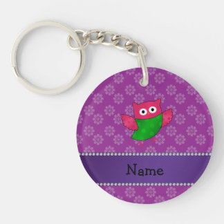Personalised name cute owl purple flowers key ring