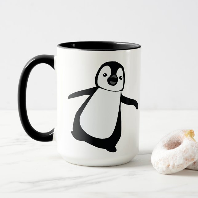 Personalised Name Cute Peeking Penguin Holiday Two Mug (With Donut)