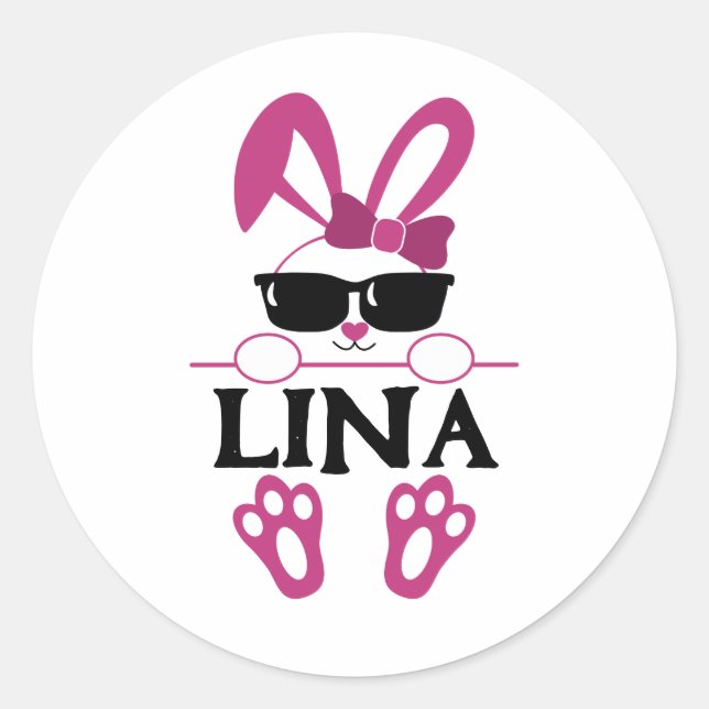 Personalised Name Cute Pink Bunny With Sunglasses Classic Round Sticker (Front)