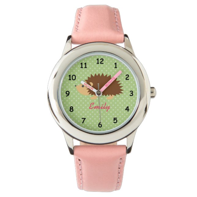 Personalised name cute pink hedgehog girls watch (Front)
