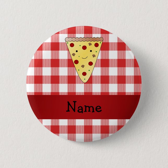 Personalised name cute pizza red chequered 6 cm round badge (Front)