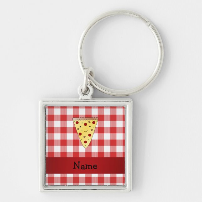 Personalised name cute pizza red chequered key ring (Front)