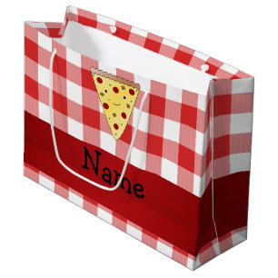 Personalised name cute pizza red chequered large gift bag