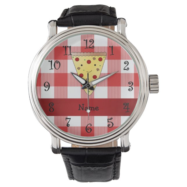 Personalised name cute pizza red chequered watch (Front)