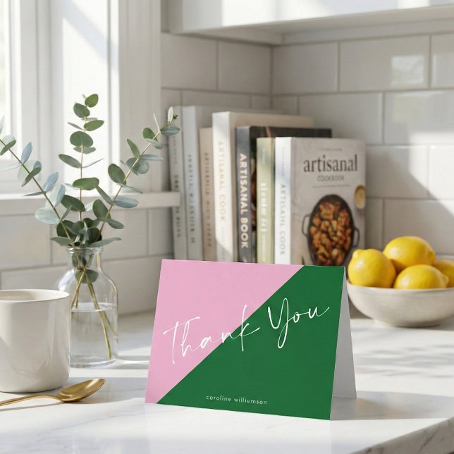 Personalised Name Cute Preppy Pink and Green  Thank You Card (Creator Uploaded)