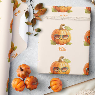 Personalised Name Cute Pumpkin Fall Halloween Wrapping Paper
