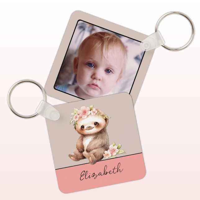 Personalised name cute sloth 1 photo green key ring (Creator Uploaded)