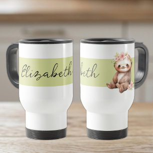 Personalised name cute sloth black green travel mug