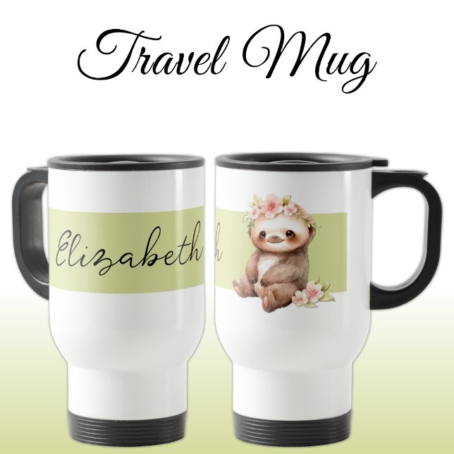 Personalised name cute sloth black green travel mug (Creator Uploaded)