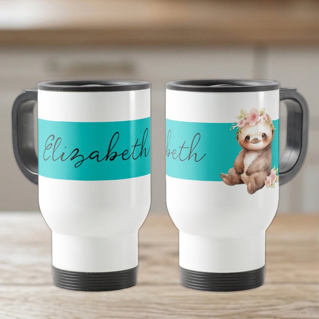 Personalised name cute sloth black turquoise travel mug (Creator Uploaded)