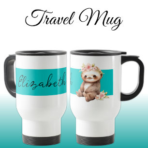 Personalised name cute sloth black turquoise travel mug