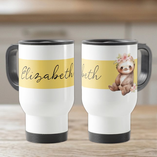 Personalised name cute sloth black yellow travel mug (Creator Uploaded)
