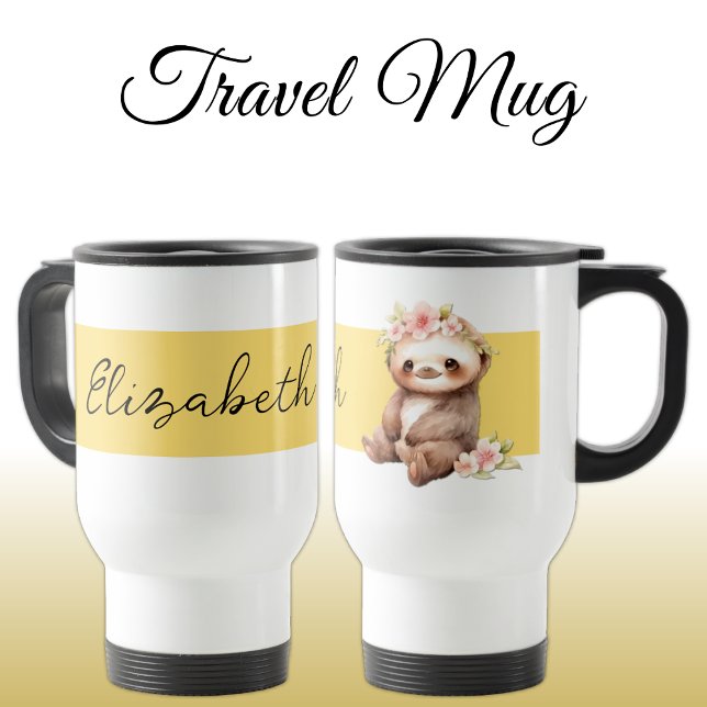 Personalised name cute sloth black yellow travel mug (Creator Uploaded)