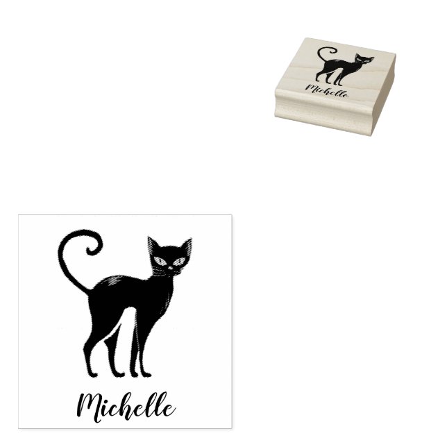Personalised Name Cute Spooky Black Cat Halloween  Rubber Stamp (Stamped)