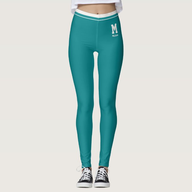 Personalised Name Cute Teal Neutral Striped Custom Leggings (Front)