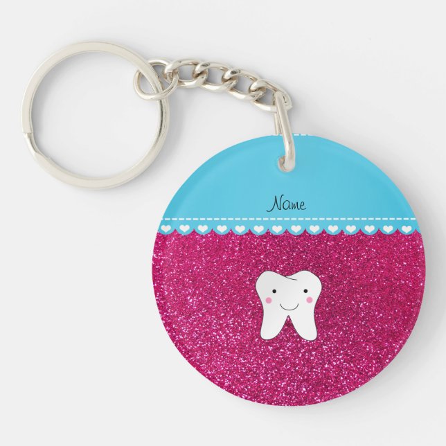 Personalised name cute tooth pink glitter key ring (Front)