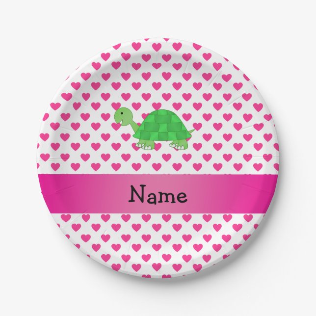 Personalised name cute turtle pink hearts paper plate (Front)