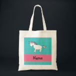 Personalised name cute unicorn tote bag<br><div class="desc">Turquoise/teal/aqua polka dots pattern with a cute rainbow unicorn and pink diamonds stripe (not real diamonds) personalised with your name gifts or monogram gifts or your initials</div>