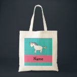 Personalised name cute unicorn tote bag<br><div class="desc">Turquoise/teal/aqua polka dots pattern with a cute rainbow unicorn and pink diamonds stripe (not real diamonds) personalised with your name gifts or monogram gifts or your initials</div>