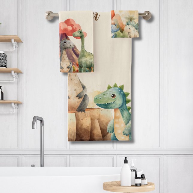 Personalised Name Cute Watercolor Dinosaur  Bath Towel Set (Creator Uploaded)