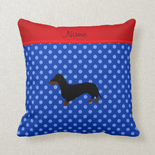 Personalised name dachshund blue polka dots cushion
