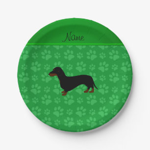 Personalised name dachshund green paws paper plate