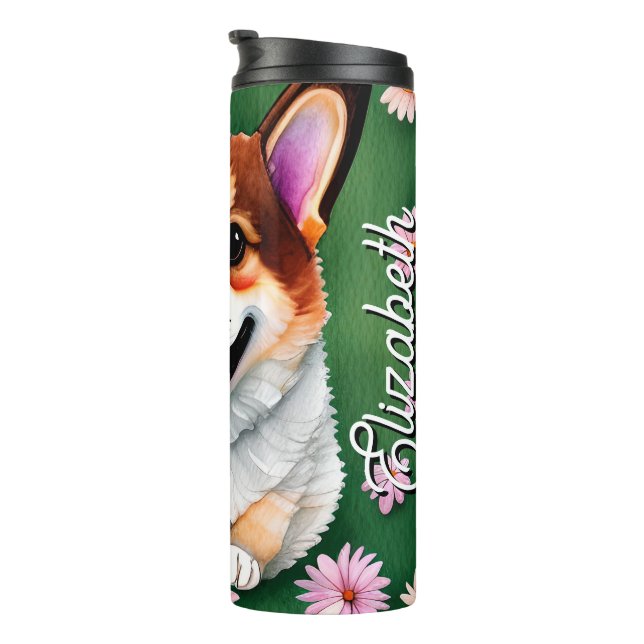 Personalised Name Daisies and Corgi Thermal Tumbler (Rotated Right)