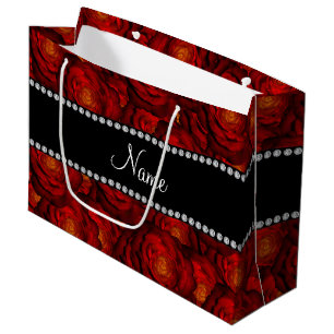 Personalised name dark red roses large gift bag