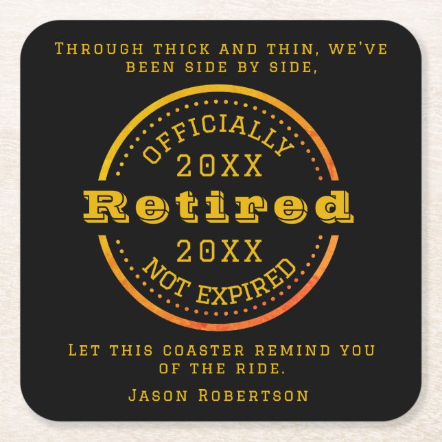 Personalised Name Date Retirement Favour for Guest Square Paper Coaster (Front)
