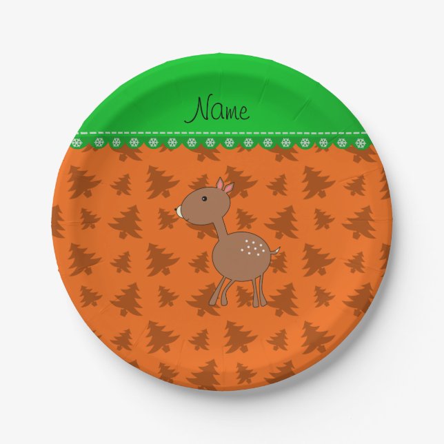 Personalised name deer orange christmas trees paper plate (Front)