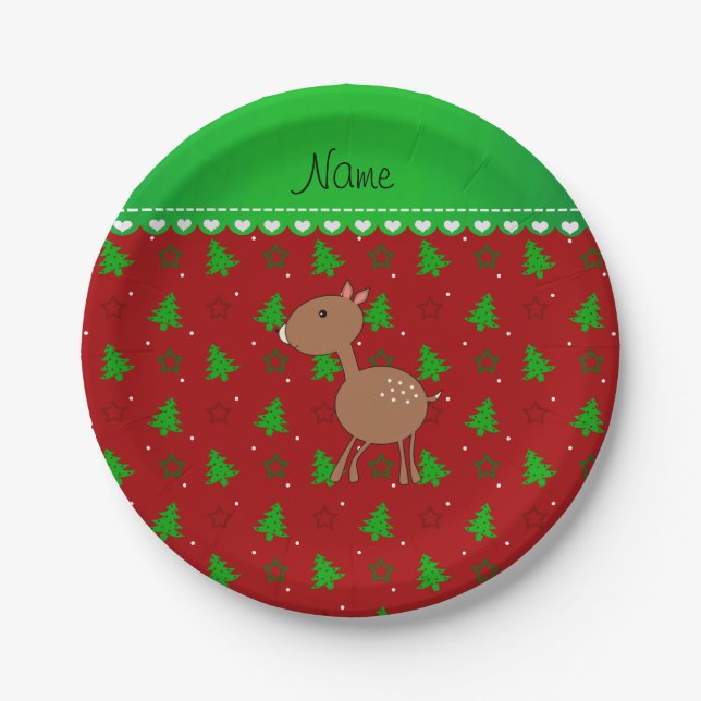 Personalised name deer red trees stars paper plate (Front)