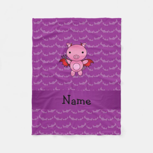Personalised name devil pig purple bats fleece blanket (Front)