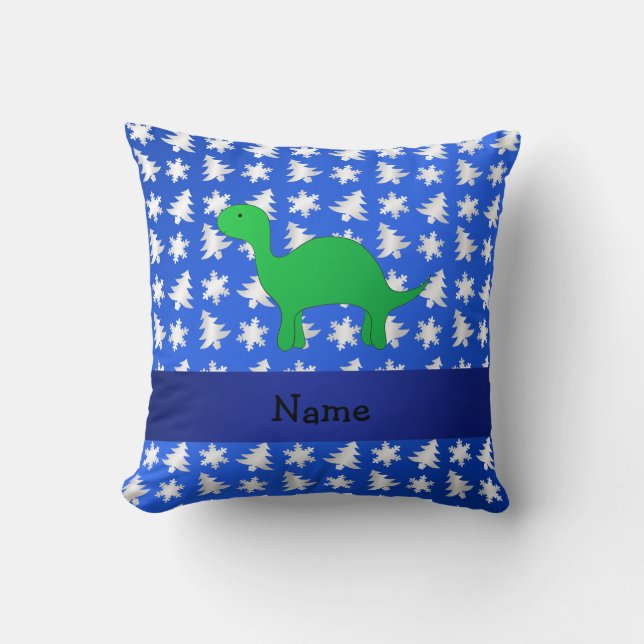 Personalised name dinosaur blue snowflakes trees cushion (Front)