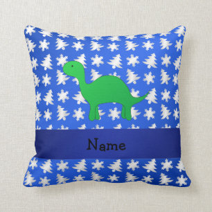 Personalised name dinosaur blue snowflakes trees cushion