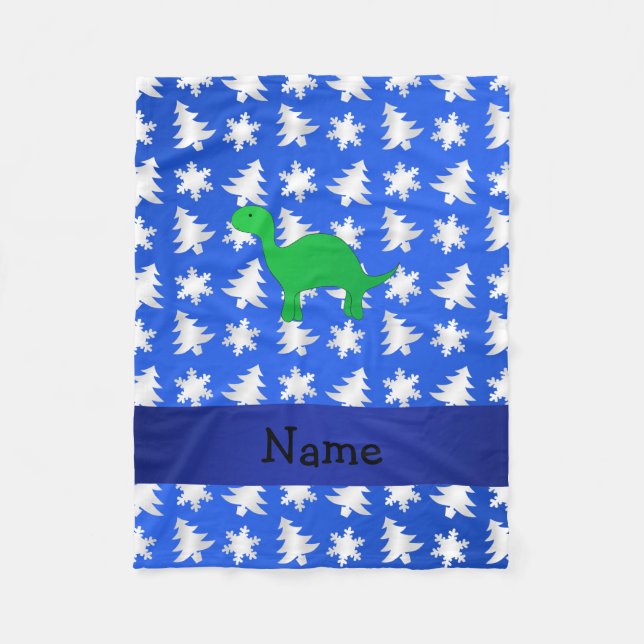 Personalised name dinosaur blue snowflakes trees fleece blanket (Front)
