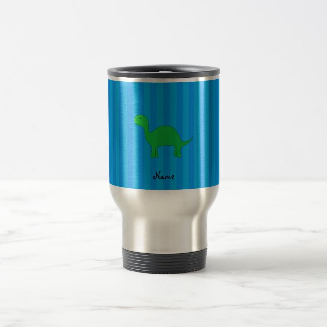 Personalised name dinosaur blue stripes travel mug (Center)