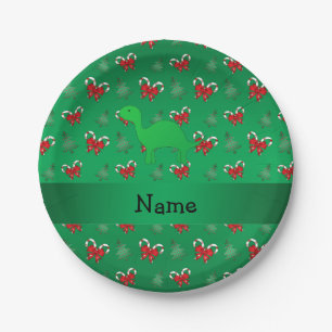 Personalised name dinosaur green candy canes bows paper plate