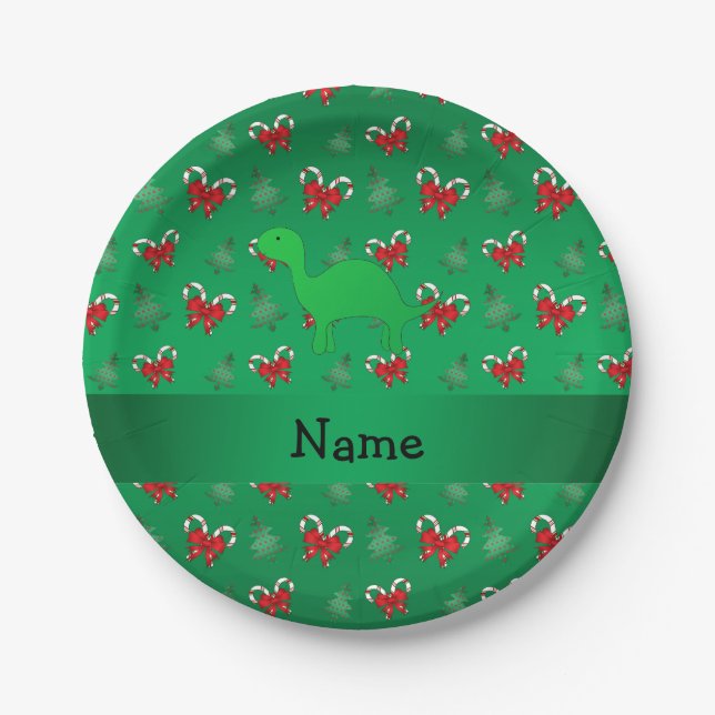 Personalised name dinosaur green candy canes bows paper plate (Front)