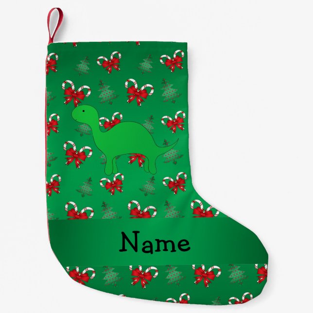Personalised name dinosaur green candy canes bows small christmas stocking (Front)