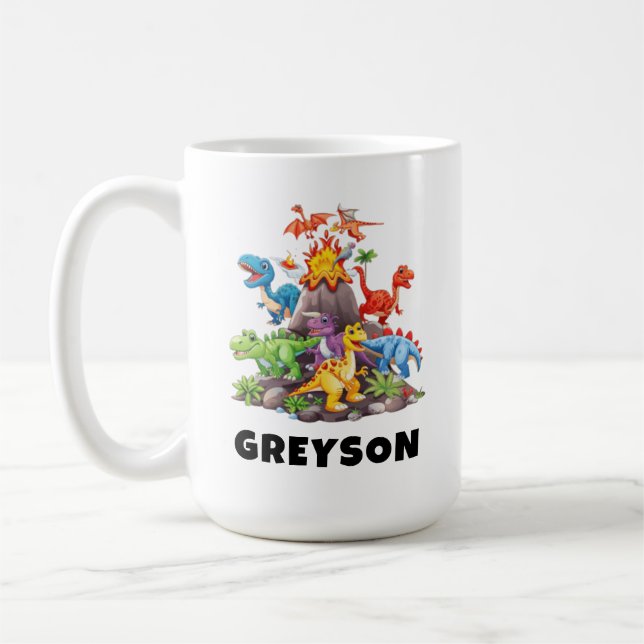 Personalised Name Dinosaur Kids Hot Cocoa Coffee Mug (Left)