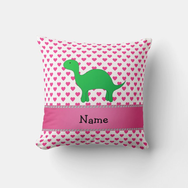 Personalised name dinosaur pink hearts polka dots cushion (Front)