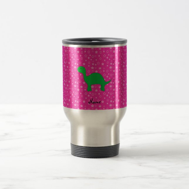 Personalised name dinosaur pink stars travel mug (Center)