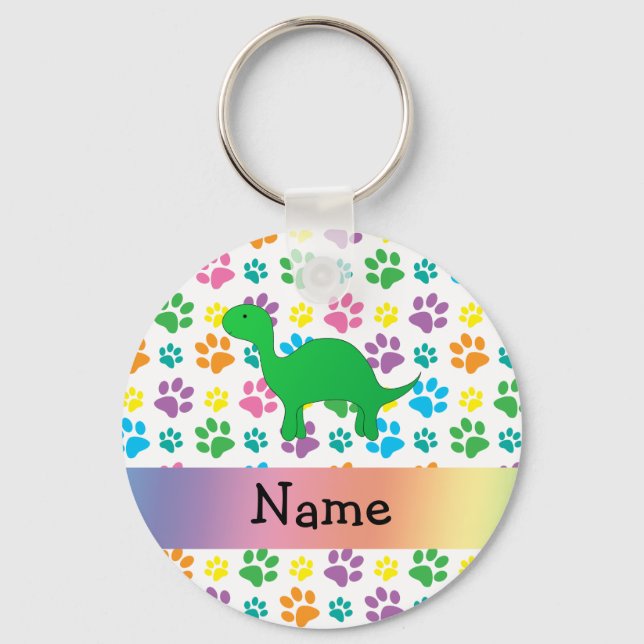 Personalised name dinosaur rainbow paws key ring (Front)